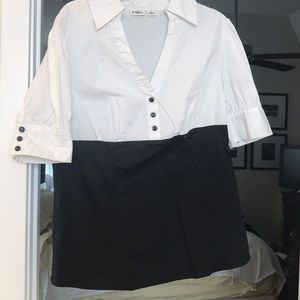 Short sleeve V-neck blouse white top portion black bottom portion